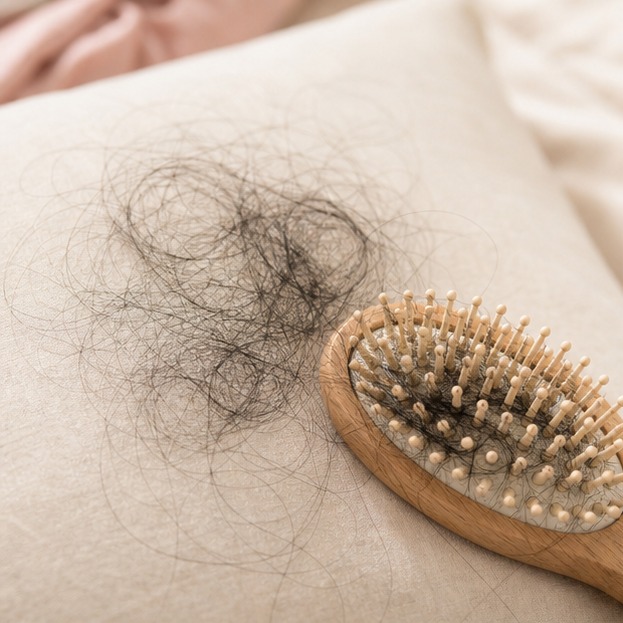 Hair strands gathered on a pillow and hairbrush