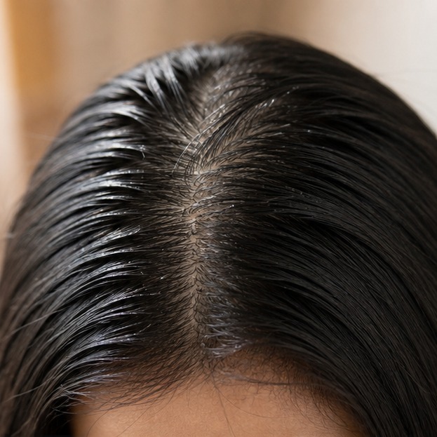 Close-up of oily roots at the scalp