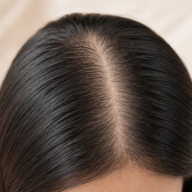 Top-of-head view showing a wider hair parting