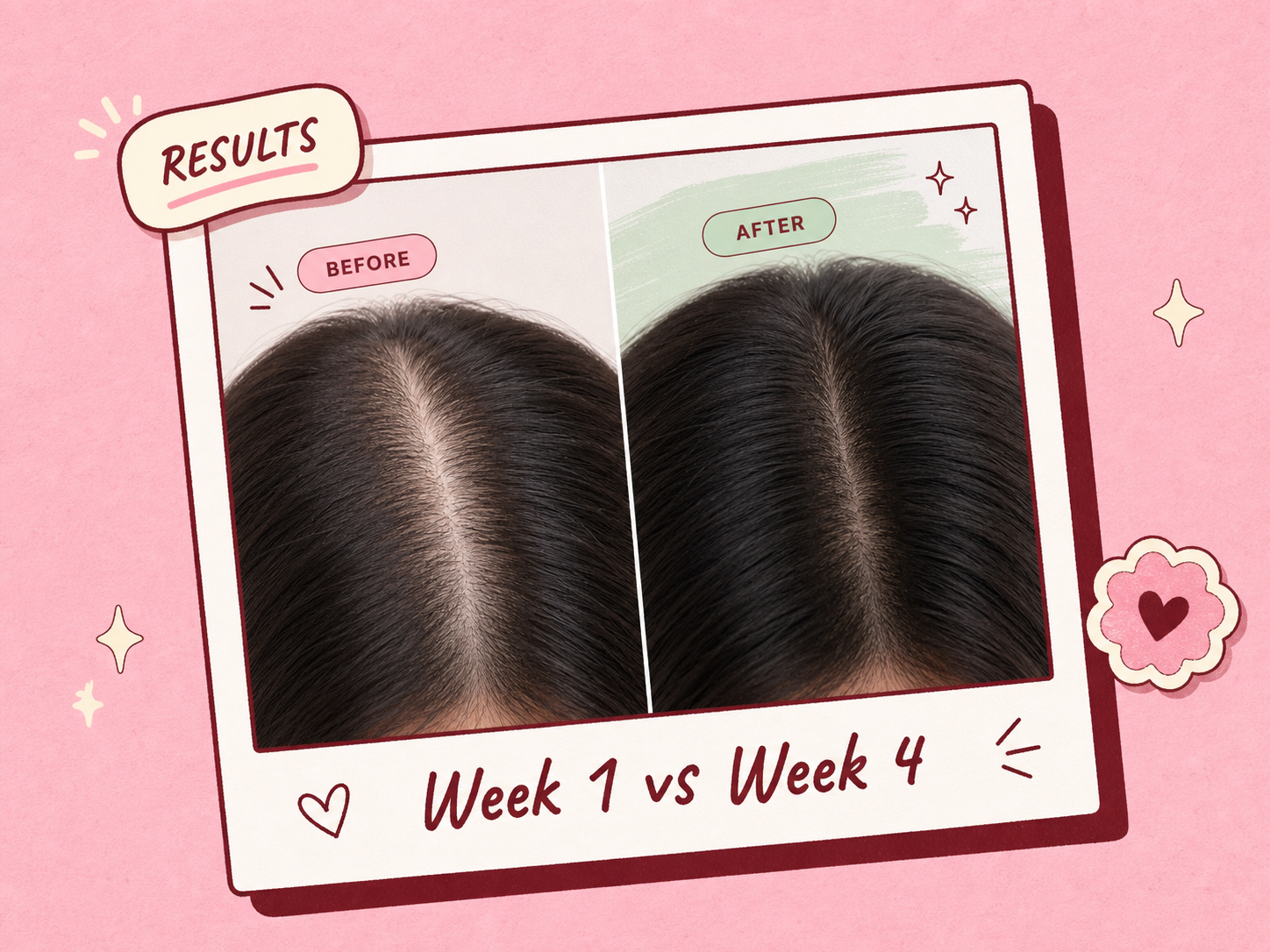 Before and after hair parting comparison showing denser-looking hair by week 4